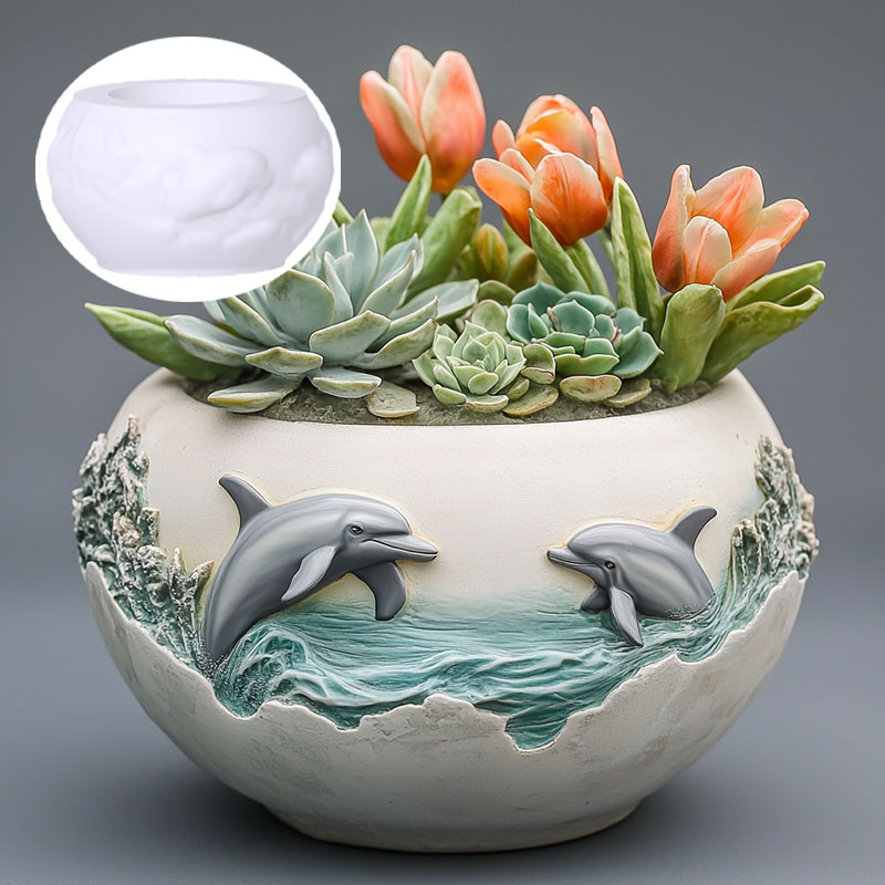 Resin Ocean Wave Mold - คู่ Dolphin บรรเทา succulent พืชกระถางดอกไม้เรซินแม่พิมพ์ซิลิโคน Ocean